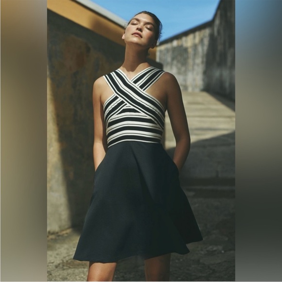 Anthropologie Dresses & Skirts - Anthropologie Maeve Striped Crosswise Fit Flare Dress black white